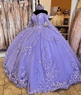 Mychicdress Long Sleeve Lavender Quinceanera Dresses Lace Beaded  Birthday 15 Dress